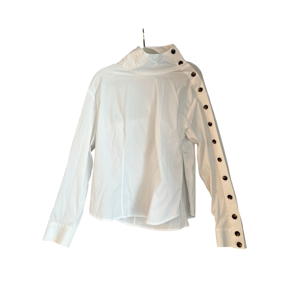 Veronica Beard White Cotton‎ Mock Neck Button Sleeve Blouse Top Size 12